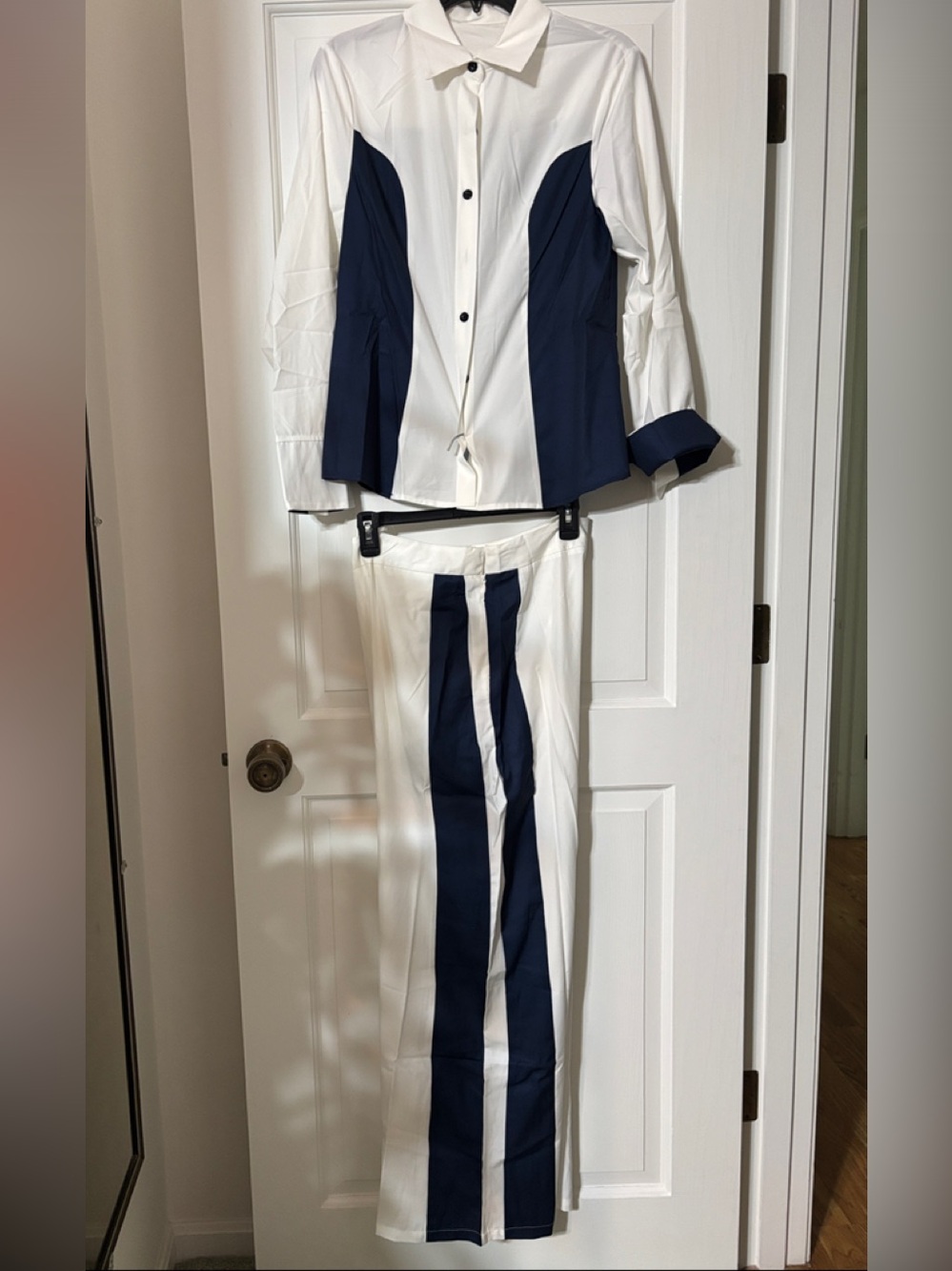 SHEIN White and Navy Two-Piece Pant Suit